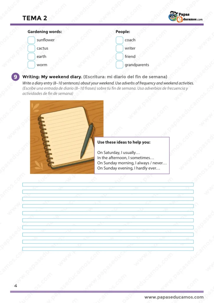 Ficha de inglés 5º Primaria tema 2: actividad de escritura My weekend diary con ideas para redactar un diario del fin de semana en inglés.