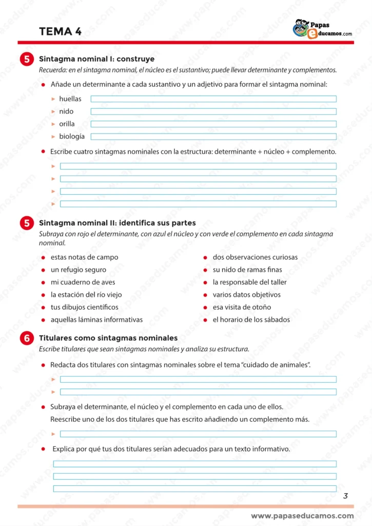 ejercicios_lengua_tema_4_5_primaria_03 Página 3 del Tema 4 de Lengua para 5º de Primaria. Ejercicios sobre el sintagma nominal: construcción con determinante, núcleo y complemento; identificación de partes en ejemplos; elaboración de titulares como sintagmas nominales y análisis de su estructura.