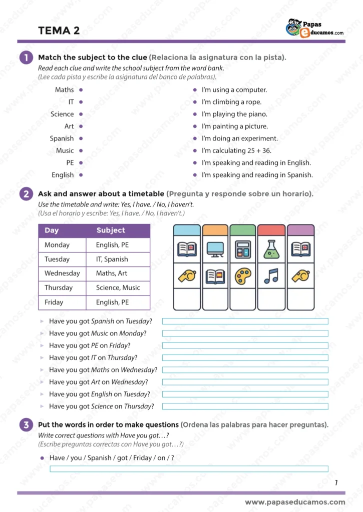 Alt: Ficha de inglés 3º Primaria Tema 2, actividades sobre asignaturas del colegio, horario semanal y preguntas Have you got con timetable.