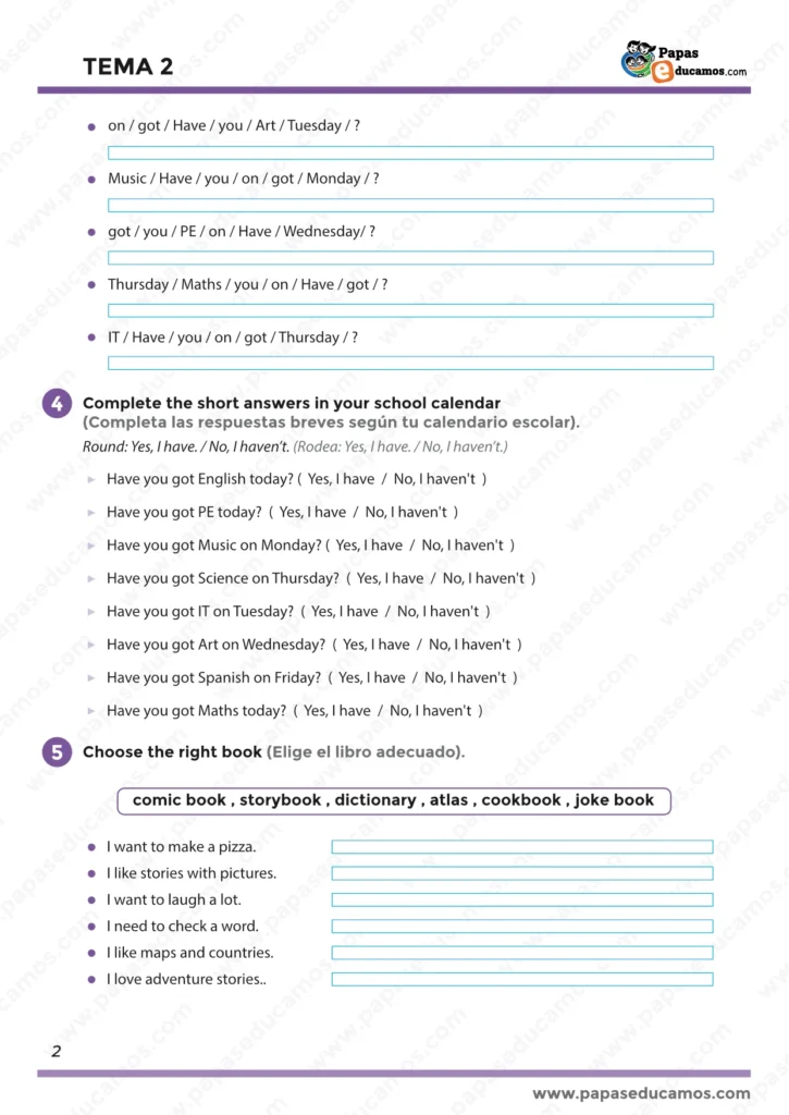 Ficha de inglés 3º Primaria, orden de palabras en preguntas Have you got, respuestas cortas Yes I have / No I haven’t y vocabulario de tipos de libros.