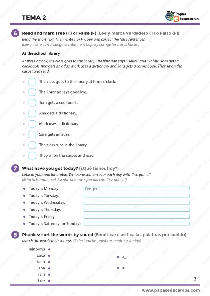 Ficha de inglés 3º Primaria, lectura At the school library con verdadero o falso, frases con I’ve got y ejercicio de phonics con sonidos ai y a_e.