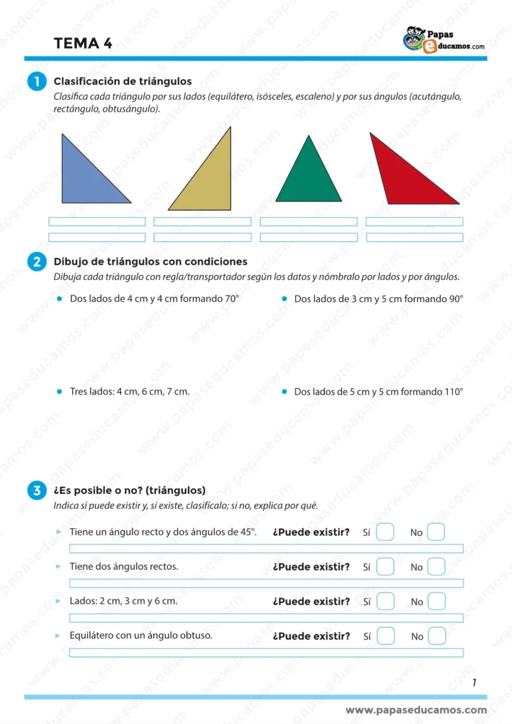 ejercicios_tema_04_mates_5_primaria_01 Página 1 del Tema 4 de Matemáticas para 5º de Primaria. Muestra ejercicios de clasificación de triángulos por lados y ángulos, dibujo de triángulos con condiciones específicas y análisis de situaciones para determinar si un triángulo puede existir según sus propiedades.