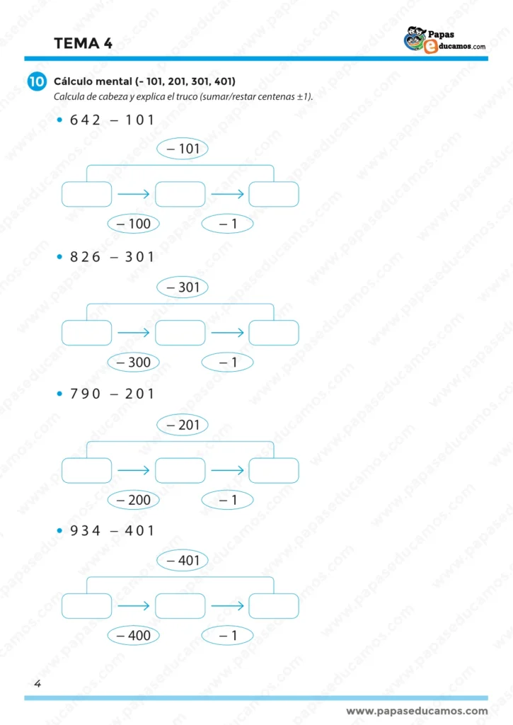 ejercicios_tema_04_mates_5_primaria_04 Página 4 del Tema 4 de Matemáticas para 5º de Primaria. Presenta ejercicios de cálculo mental con restas del tipo −101, −201, −301 y −401 utilizando la estrategia de descomponer centenas y unidades, con esquemas visuales para completar cada operación.