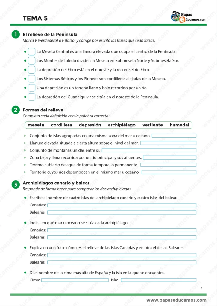 Página 1 del Tema 5 de Conocimiento del Medio para quinto de Primaria con actividades sobre el relieve de la Península, formas del relieve y comparación de los archipiélagos canario y balear.