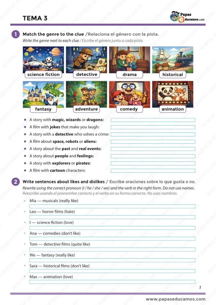 Página del Tema 3 de inglés para quinto de primaria con actividades para identificar géneros de películas como ciencia ficción, comedia, drama o animación, y ejercicios para escribir oraciones sobre gustos y preferencias usando el presente simple.
