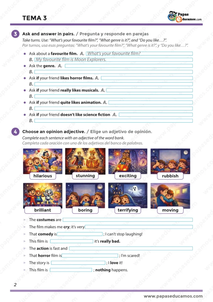 Página de ejercicios de inglés para quinto de primaria con actividades de preguntas y respuestas sobre películas favoritas, elección de adjetivos de opinión como exciting o boring y práctica de vocabulario relacionado con el cine.
