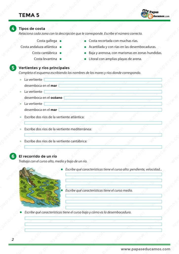 Página 2 del Tema 5 de Conocimiento del Medio para quinto de Primaria con ejercicios sobre tipos de costa, vertientes hidrográficas, ríos principales y el curso de un río.