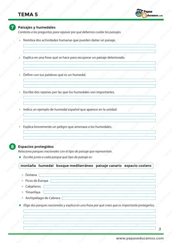 Página 3 del Tema 5 de Conocimiento del Medio para quinto de Primaria con actividades sobre paisajes, humedales, espacios protegidos y parques nacionales de España.