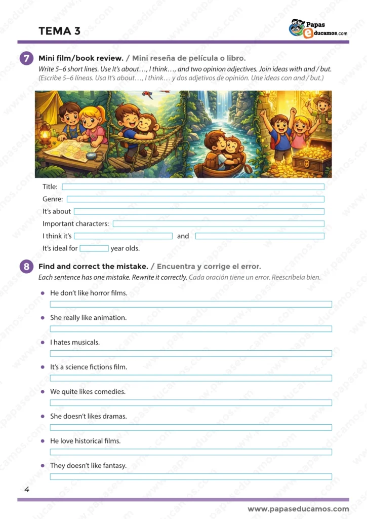 Página final del Tema 3 de inglés para quinto de primaria con una mini reseña guiada de una película o libro y ejercicios para encontrar y corregir errores gramaticales frecuentes en frases sobre gustos y géneros cinematográficos.