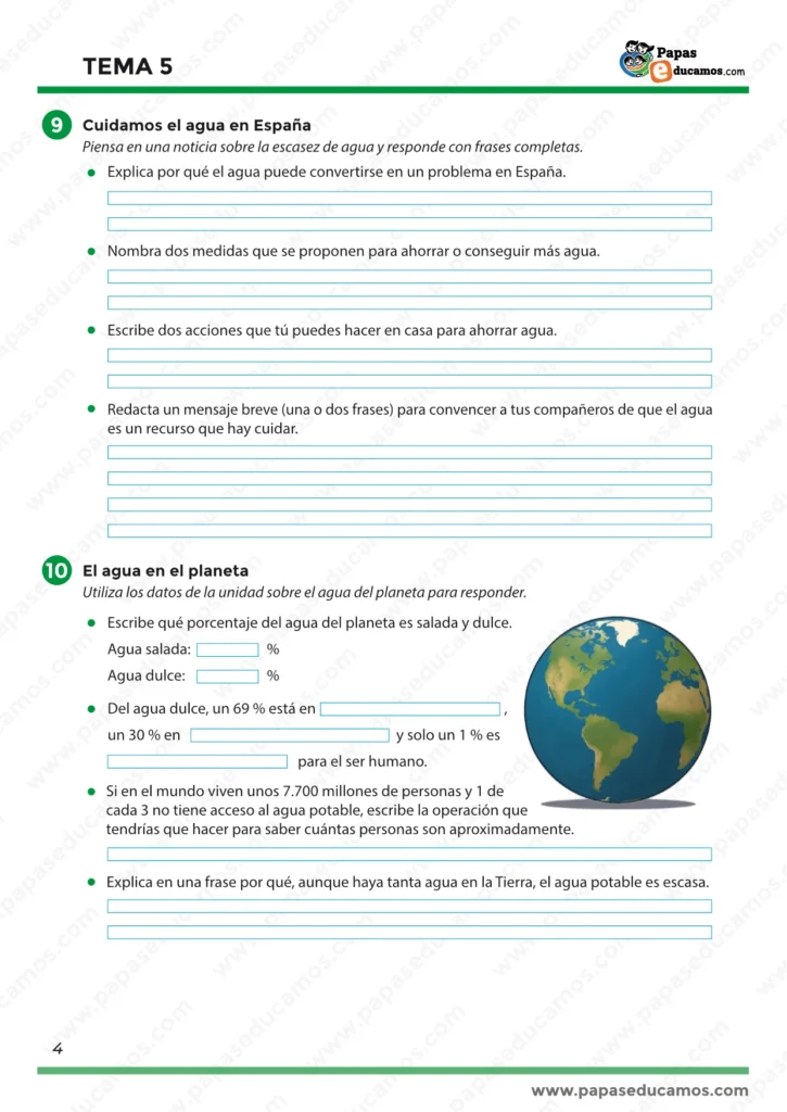Página 4 del Tema 5 de Conocimiento del Medio para quinto de Primaria con actividades de reflexión sobre el cuidado del agua en España y la distribución del agua en el planeta.