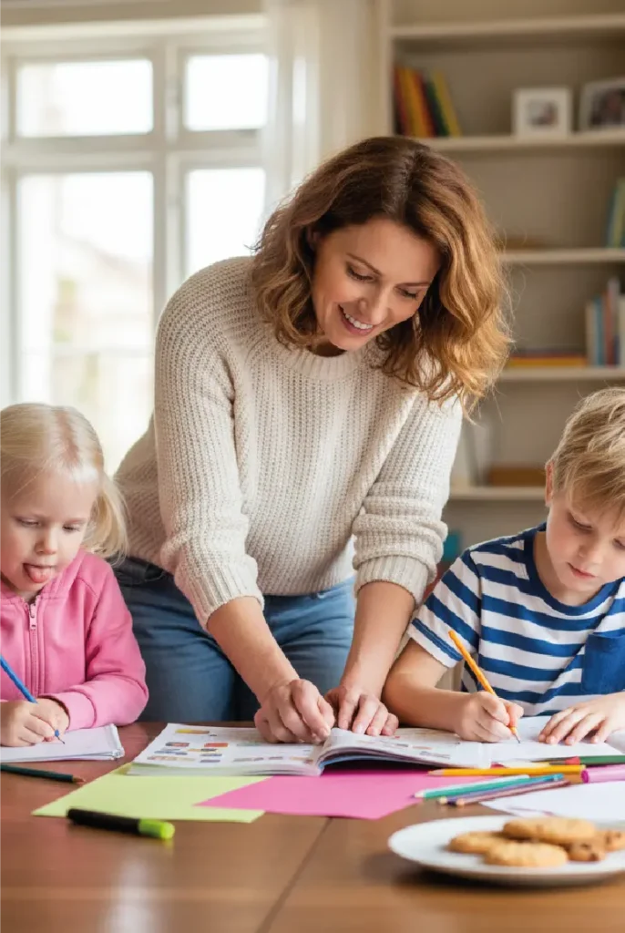 Familia haciendo deberes juntos.