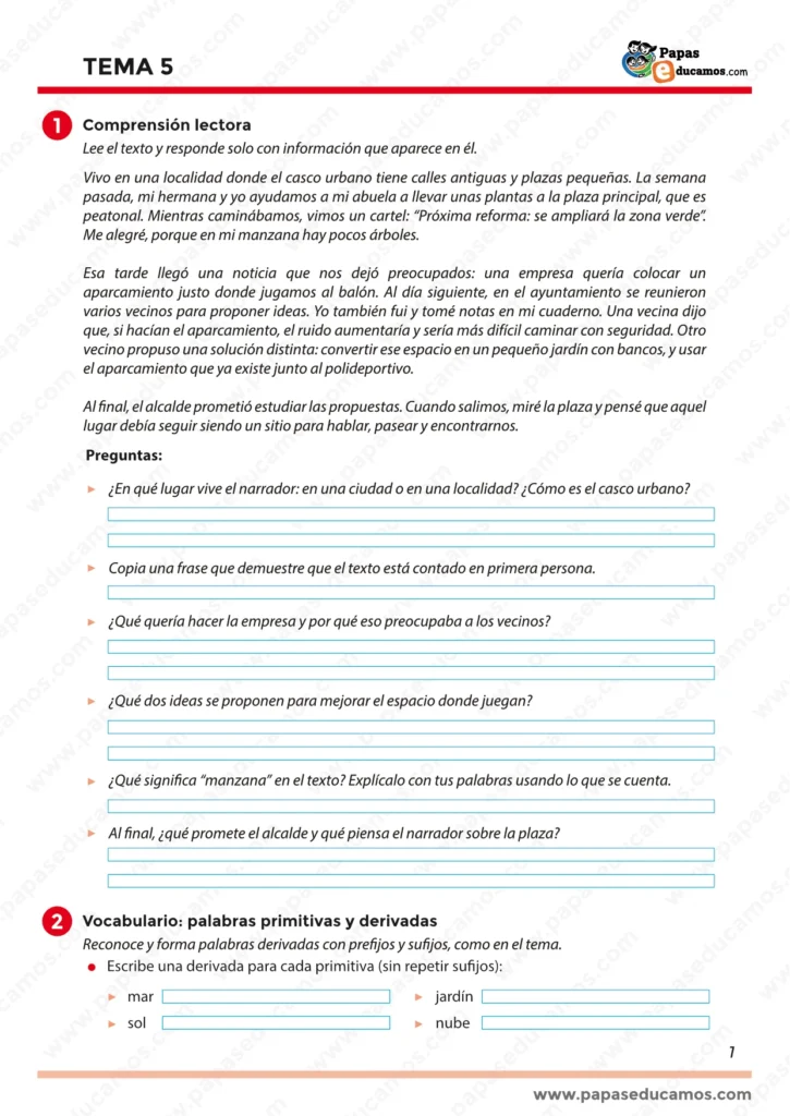 Página 1 del Tema 5 de Lengua para quinto de Primaria con un texto de comprensión lectora sobre una plaza urbana y ejercicios de vocabulario de palabras primitivas y derivadas.