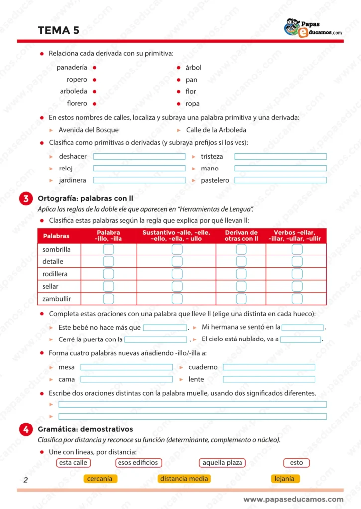 Página 2 del Tema 5 de Lengua para quinto de Primaria con actividades de vocabulario y ortografía de palabras con ll y ejercicios gramaticales de demostrativos.