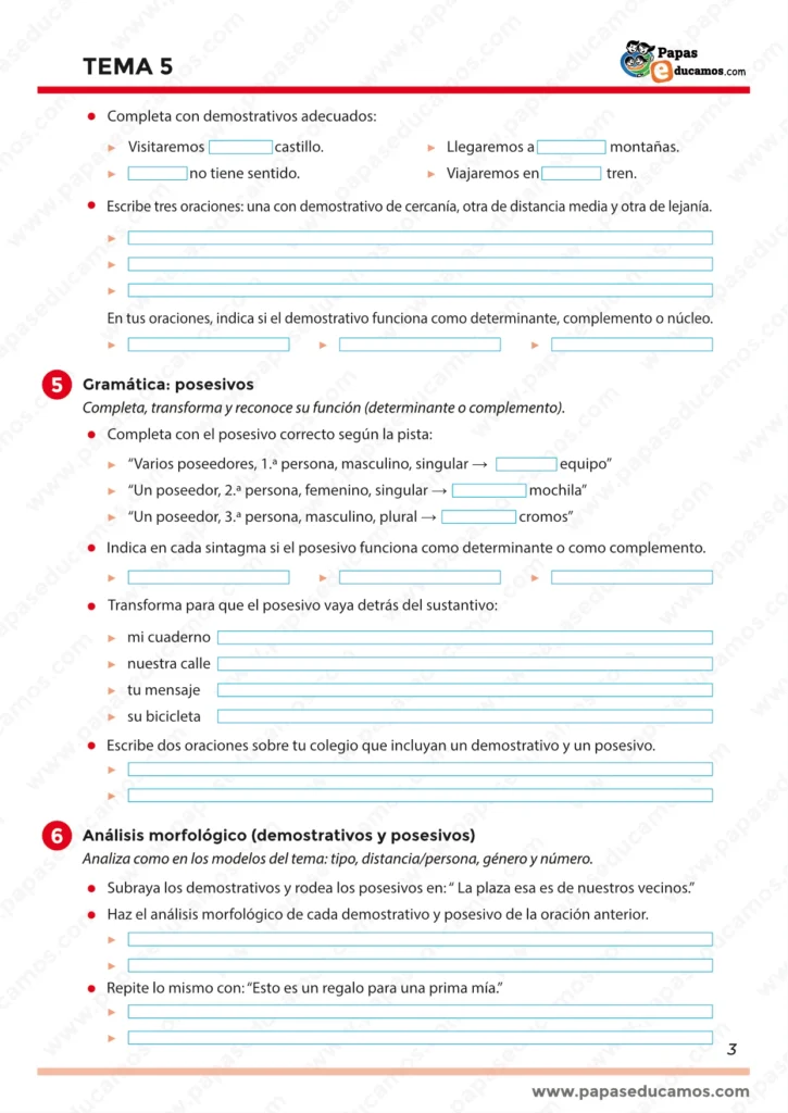 Página 3 del Tema 5 de Lengua para quinto de Primaria con ejercicios de demostrativos, posesivos y análisis morfológico.