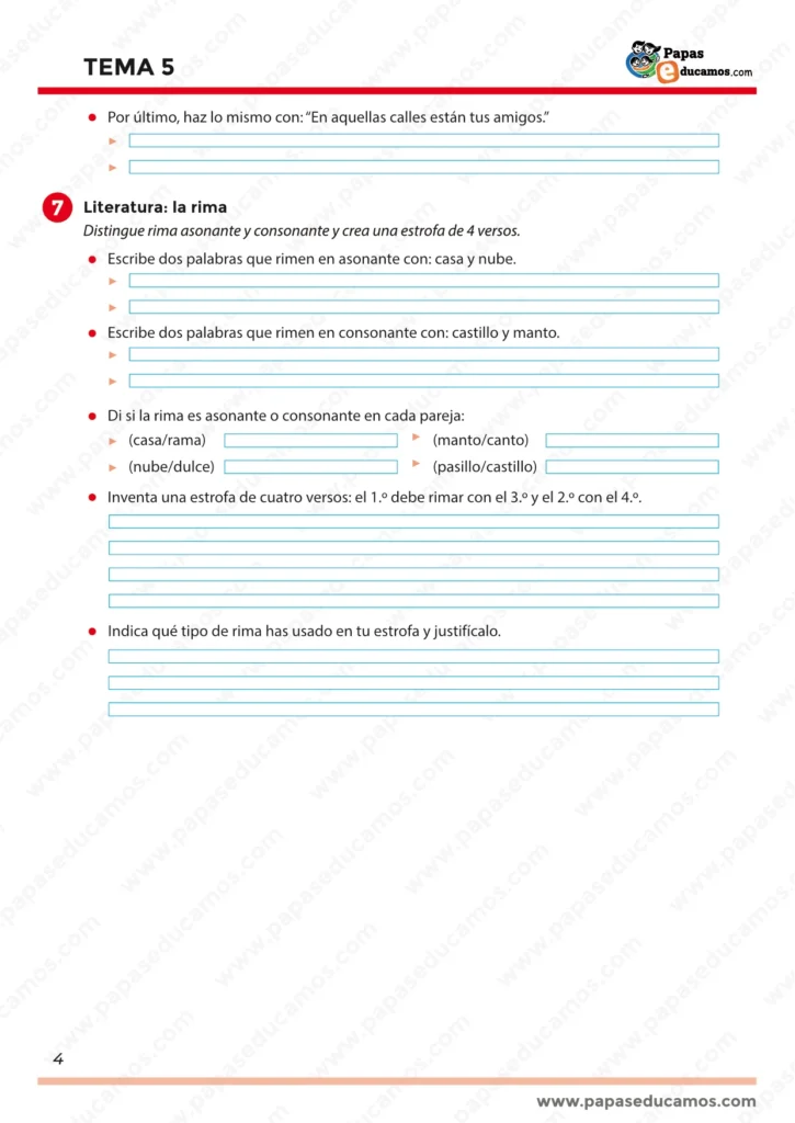 Página 4 del Tema 5 de Lengua para quinto de Primaria con actividades de literatura sobre la rima asonante y consonante y creación de estrofas.