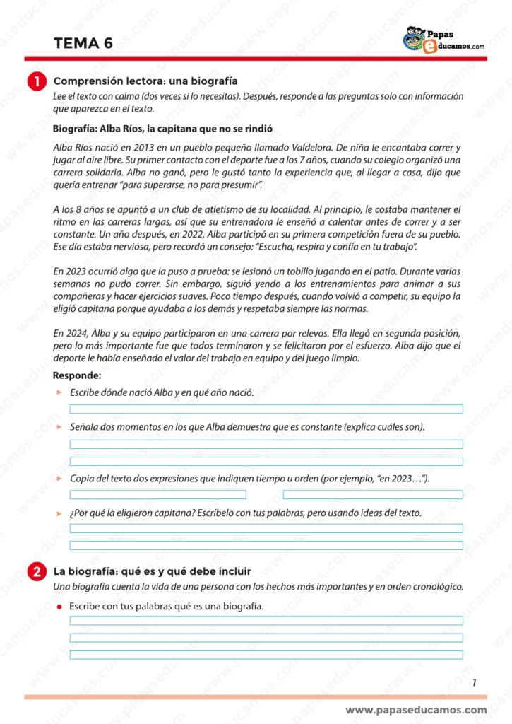 Comprensión lectora de una biografía en el Tema 6 de Lengua para quinto de Primaria.