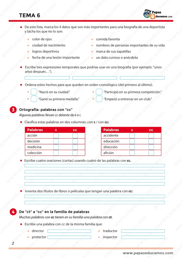 Actividades sobre qué es una biografía y ortografía con cc en Lengua de quinto de Primaria.