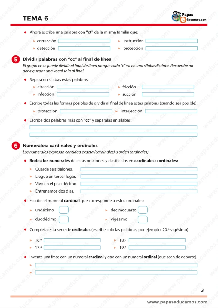 Numerales cardinales y ordinales en el Tema 6 de Lengua para quinto de Primaria.
