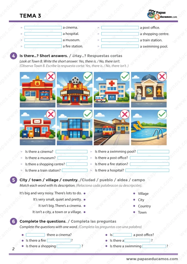 Página con actividades de inglés sobre preguntas con “Is there…?” y respuestas cortas, identificación de lugares en imágenes, y clasificación de city, town, village y country según su descripción.