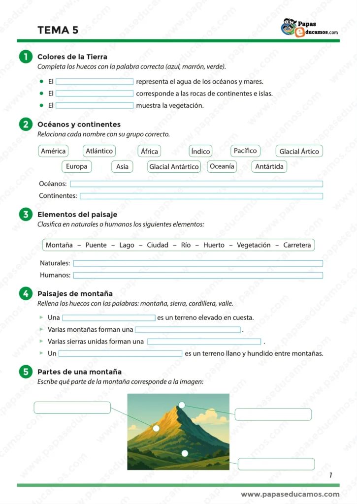 Página 1 del Tema 5 de Conocimiento del Medio para tercero de Primaria con ejercicios sobre los colores de la Tierra, océanos y continentes, elementos del paisaje y paisajes de montaña.