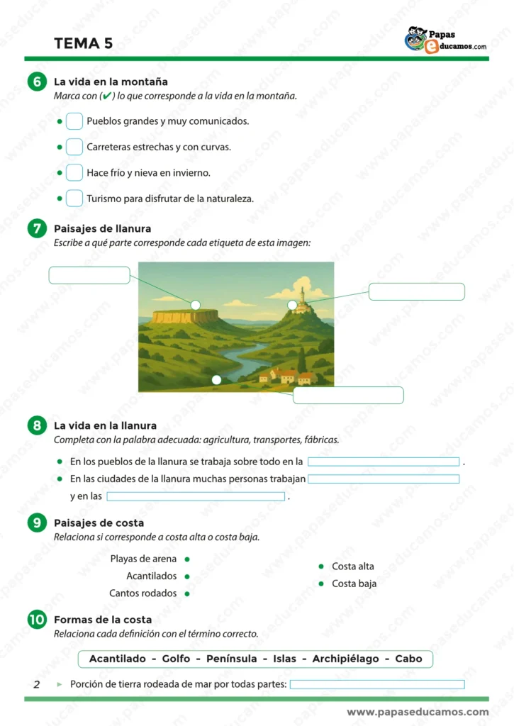 Página 2 del Tema 5 de Conocimiento del Medio para tercero de Primaria con actividades sobre la vida en la montaña, paisajes y vida en la llanura y paisajes de costa.
