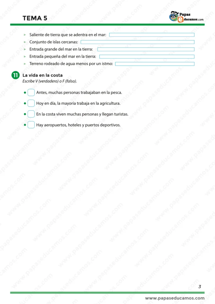Página 3 del Tema 5 de Conocimiento del Medio para tercero de Primaria con ejercicios sobre las formas de la costa y la vida en las zonas costeras.
