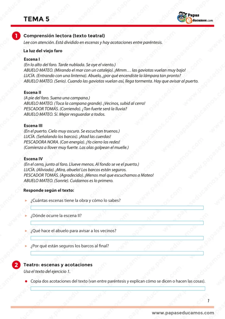 Página 1 del Tema 5 de Lengua para tercero de Primaria con un texto teatral titulado “La luz del viejo faro” y actividades de comprensión lectora sobre escenas y acotaciones.