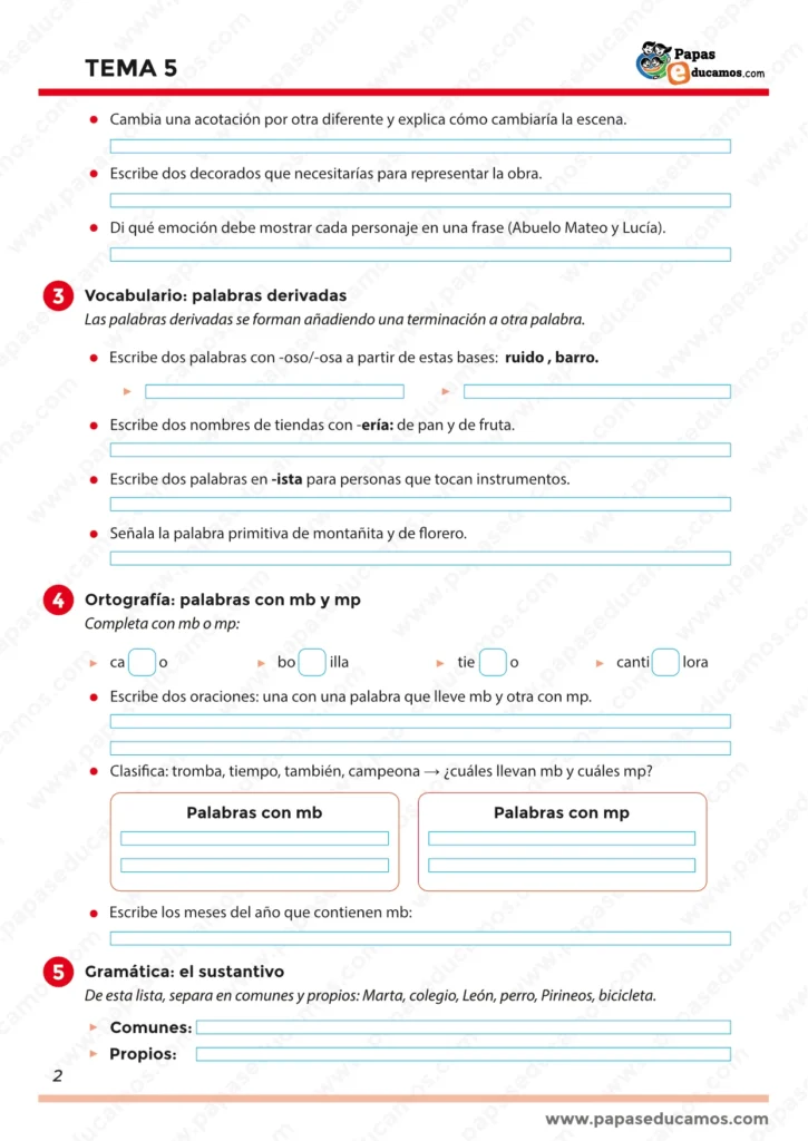 Página 2 del Tema 5 de Lengua para tercero de Primaria con ejercicios de teatro, vocabulario de palabras derivadas y ortografía de mb y mp.