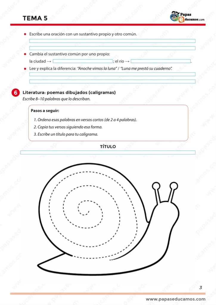 Página 3 del Tema 5 de Lengua para tercero de Primaria con actividades de gramática sobre el sustantivo y un ejercicio de literatura para crear un caligrama.
