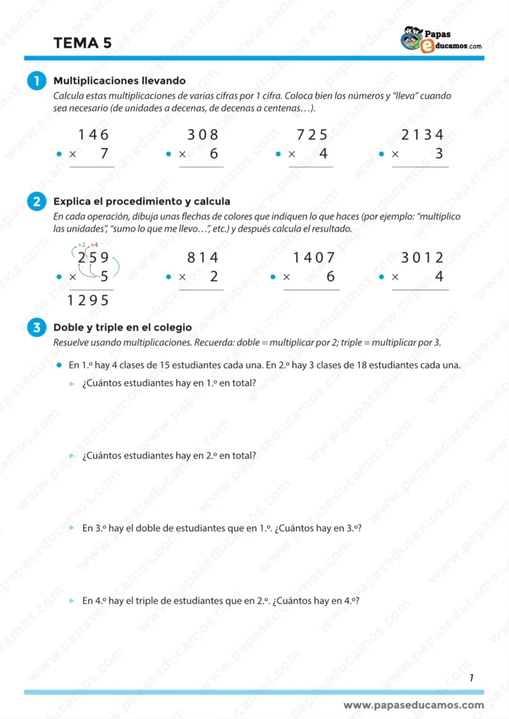 Página 1 del Tema 5 de Matemáticas para tercero de Primaria con ejercicios de multiplicaciones llevando, explicación del procedimiento paso a paso y problemas de doble y triple.