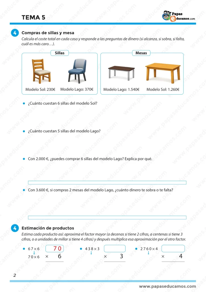 Página 2 del Tema 5 de Matemáticas para tercero de Primaria con problemas de compras y dinero y actividades de estimación de productos mediante redondeo.