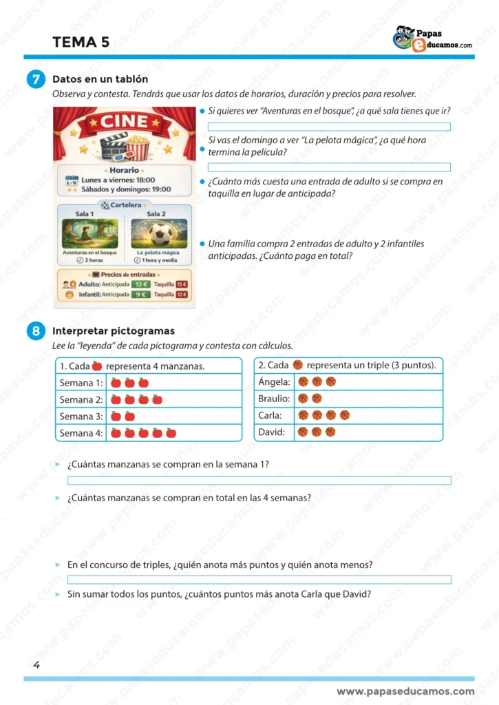Página 4 del Tema 5 de Matemáticas para tercero de Primaria con interpretación de datos en un tablón, horarios y precios, y actividades con pictogramas.