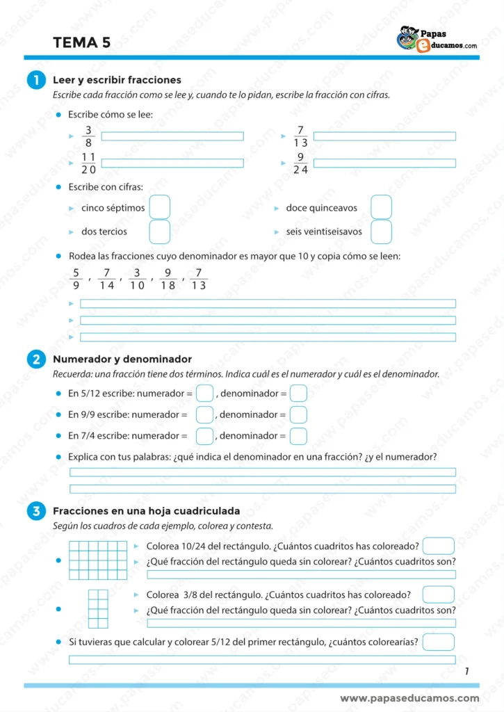 ágina 1 del Tema 5 de Matemáticas para quinto de Primaria con actividades de lectura y escritura de fracciones, numerador y denominador y representación gráfica en cuadrículas.
