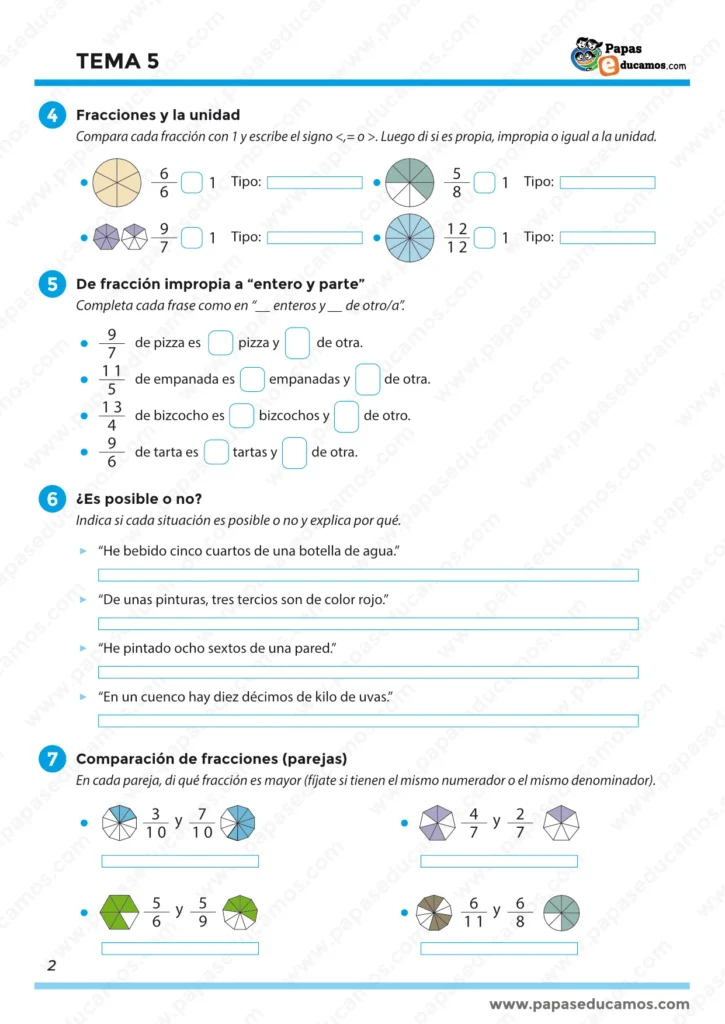 Página 2 del Tema 5 de Matemáticas para quinto de Primaria con ejercicios de fracciones propias e impropias, comparación con la unidad y transformación en entero y parte.