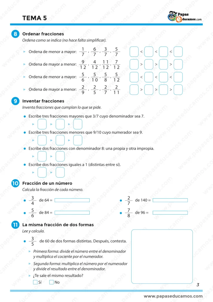 Página 3 del Tema 5 de Matemáticas para quinto de Primaria con comparación y ordenación de fracciones, invención de fracciones y cálculo de la fracción de un número.