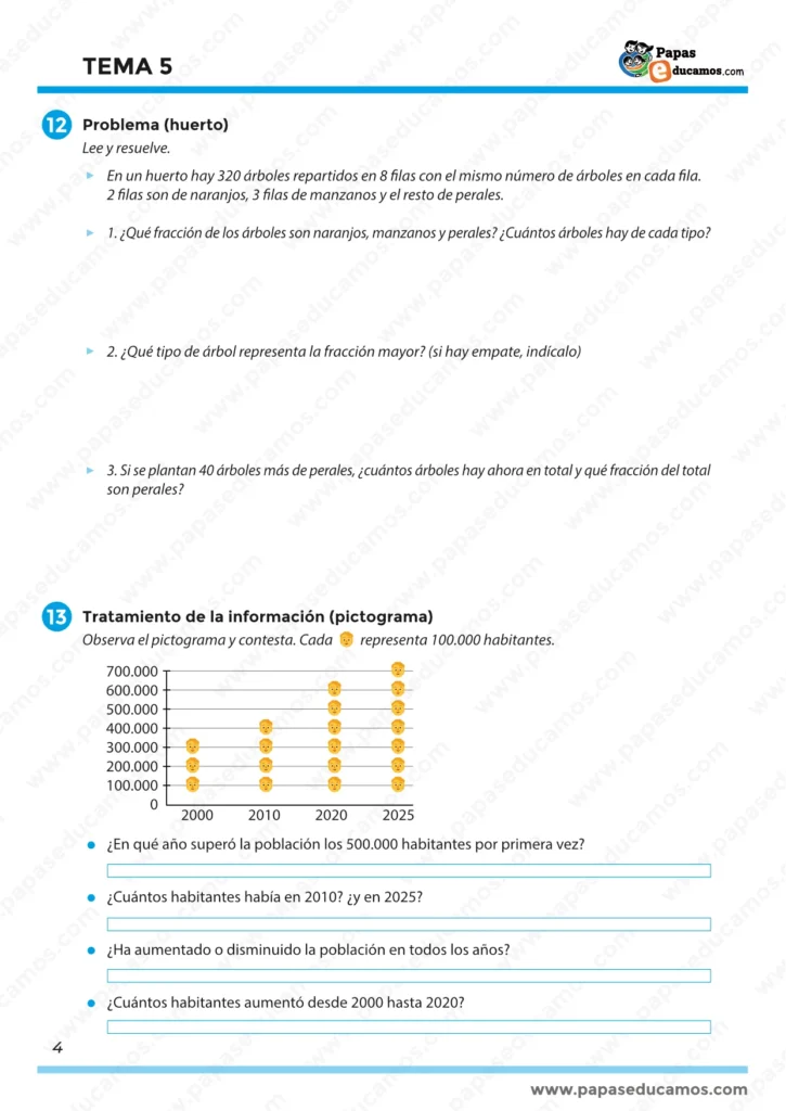 Página 4 del Tema 5 de Matemáticas para quinto de Primaria con resolución de problemas con fracciones y actividades de interpretación de pictogramas.
