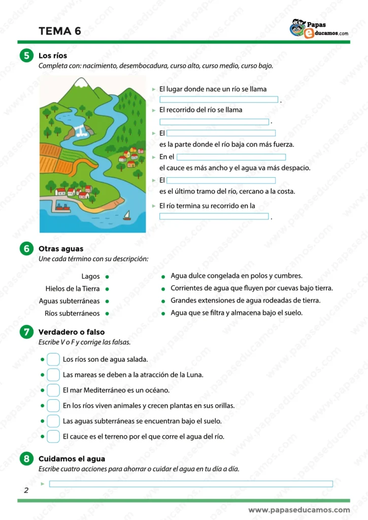 Partes del río, otras aguas y actividades de verdadero o falso en Conocimiento del Medio de tercero de Primaria.