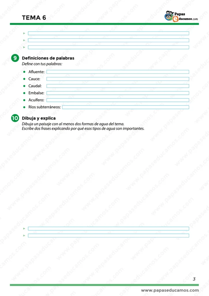 Cuidado del agua, definiciones y actividades finales del Tema 6 de Conocimiento del Medio para tercero de Primaria.