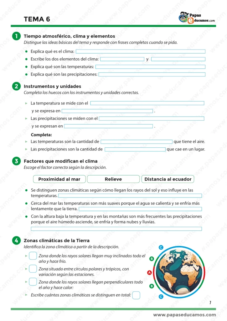 Ejercicios sobre tiempo atmosférico, clima, elementos del clima y zonas climáticas de la Tierra en 5.º de Primaria.