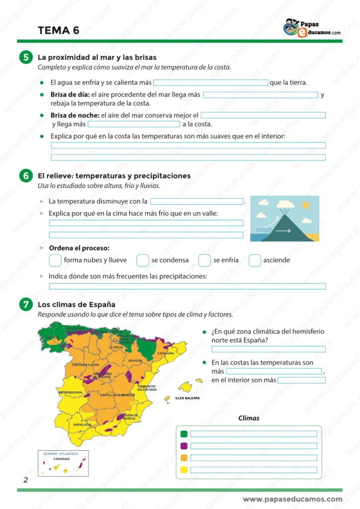 Actividades sobre proximidad al mar, relieve, brisas y mapa de los climas de España en Conocimiento del Medio 5.º.