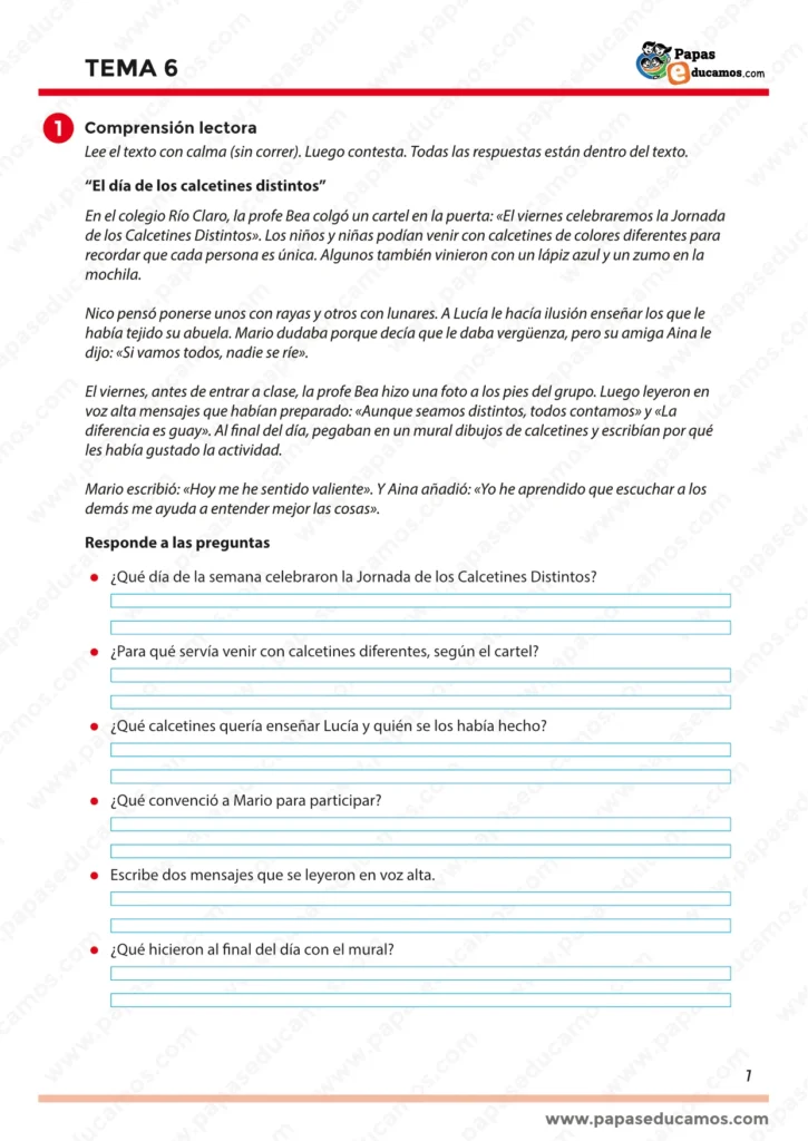 Lectura y comprensión del Tema 6 de Lengua de tercero de Primaria sobre la diversidad.