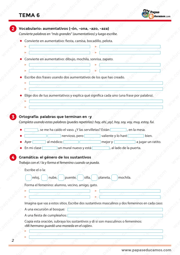 Ejercicios de vocabulario, ortografía y gramática del Tema 6 de Lengua para tercero de Primaria.