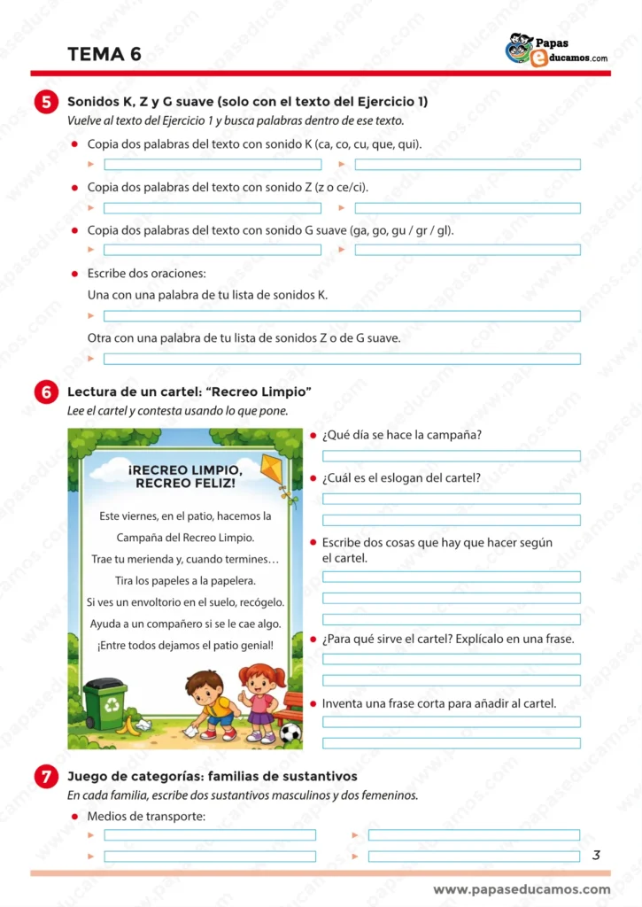 Actividades de sonidos K, Z y G suave y lectura de carteles en Lengua de tercero de Primaria.