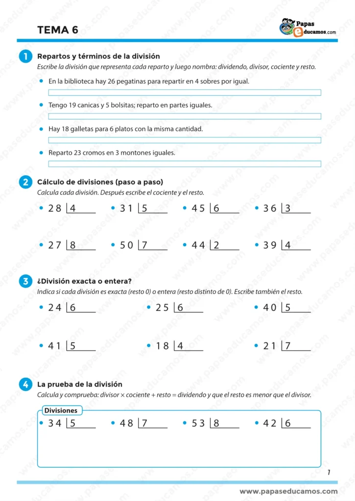 Repartos y términos de la división en el Tema 6 de Matemáticas para tercero de Primaria.