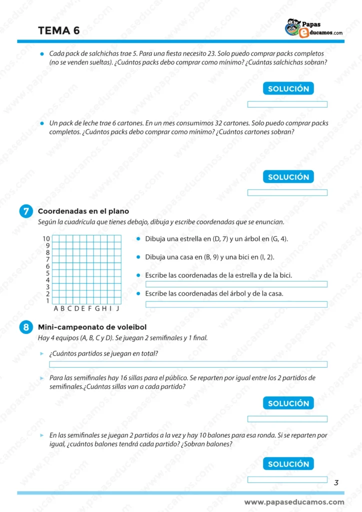 Problemas de la vida real y coordenadas en el plano en Matemáticas de tercero de Primaria.