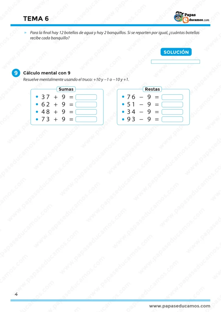 Cálculo mental con el número 9 y problemas finales del Tema 6 de Matemáticas para tercero de Primaria.