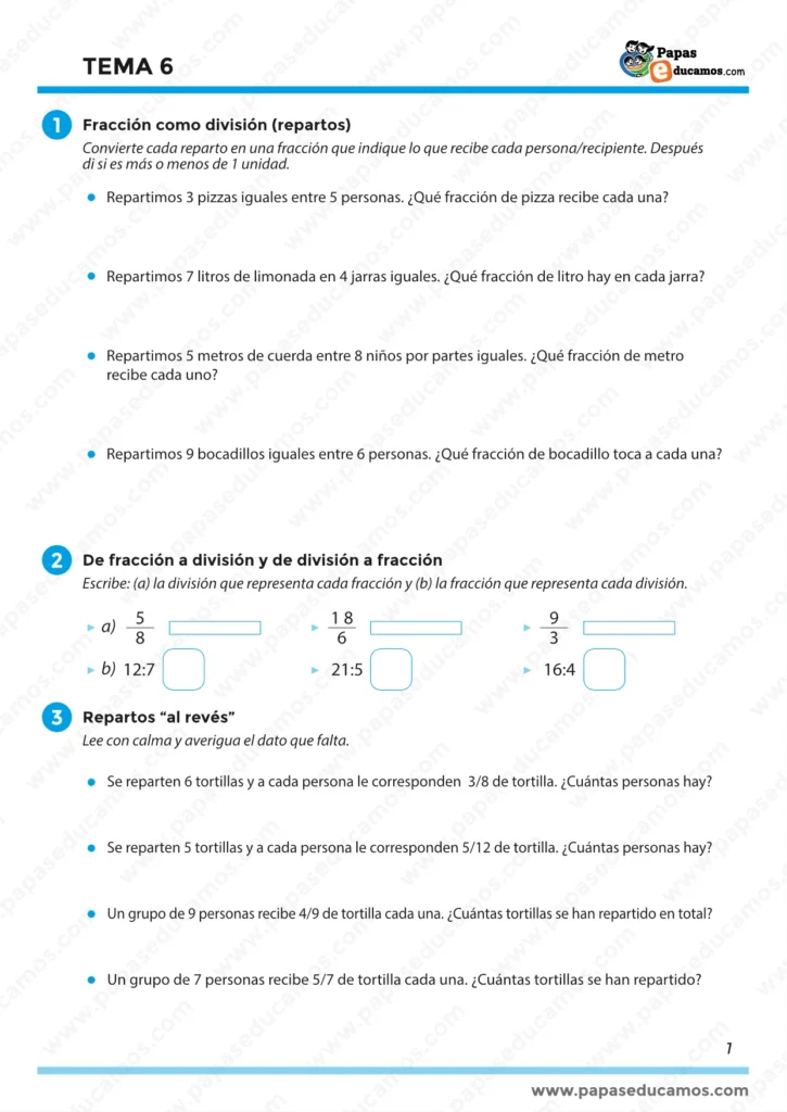 Ejercicios de fracciones como división y repartos en matemáticas de 5.º de primaria.