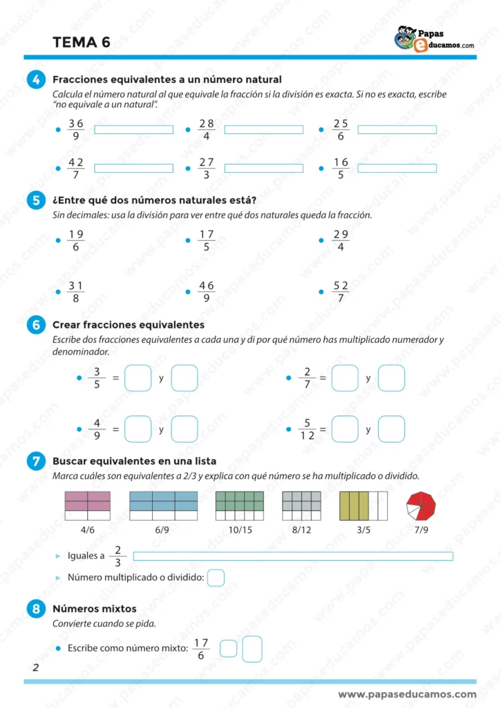Actividades sobre fracciones equivalentes, comparación con números naturales y creación de fracciones equivalentes en 5.º de primaria.