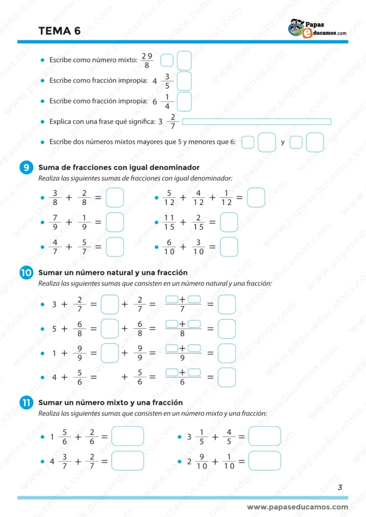 Ejercicios de números mixtos y sumas de fracciones con igual denominador en matemáticas de quinto de primaria.
