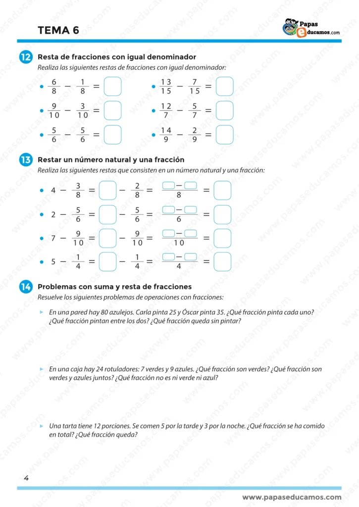 Problemas y restas de fracciones con números naturales y números mixtos para 5.º de primaria.